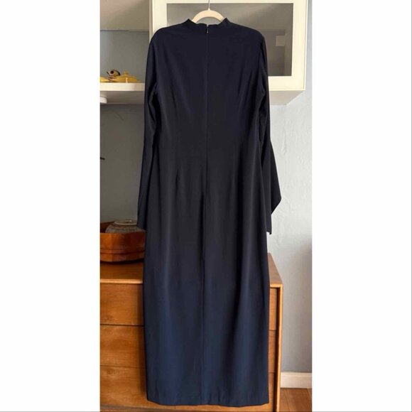 Halston Flounce Sleeve Crepe Gown Dress Maxi Navy Blue Size 14 Retail $425 - Picture 6 of 11